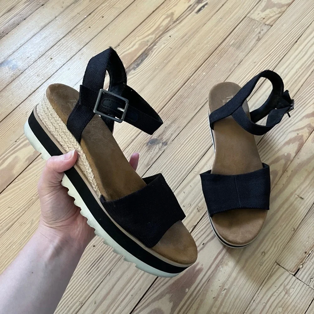 TOMS Diana Platform Sandals Womens 9.5 Black Strappy Espadrille Sawtooth Sole